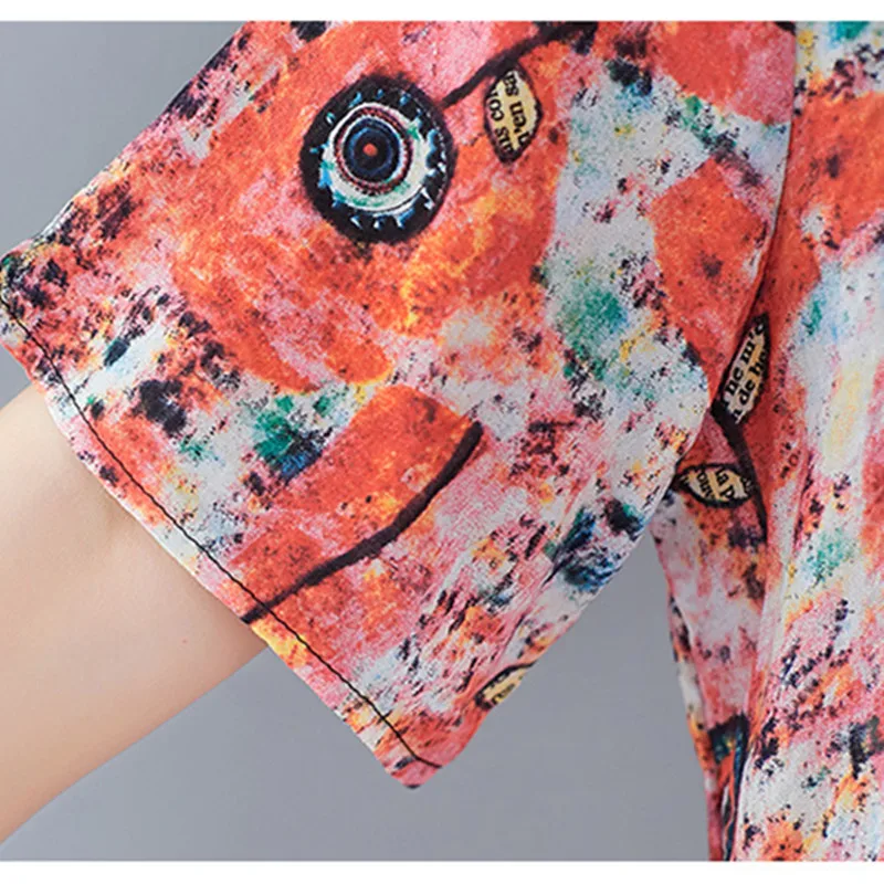 Новинка 2019 женские платья хлопок лен круглый вырез короткий рукав принт