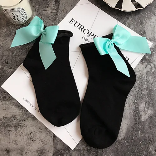 Bow Socks black blue Милые короткие носки из хлопка с большим бантом на пятке; сезон зима-осень-весна; женские короткие носки; Chaussette - Цвет: Bow Socks black blue