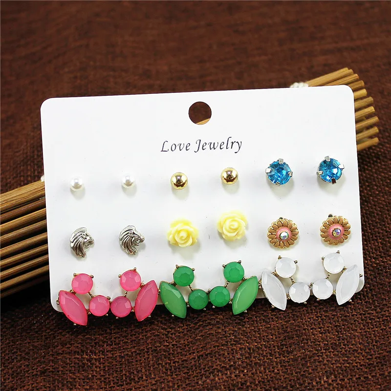 XQ fashion new plant 9 pairs / set of flowers color green white imitation pearl mixed earrings exquisite accessories | Украшения и