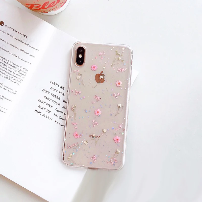 Чехлы WOTP с настоящими цветами для iPhone XS Max XR 6 6S 7 8 Plus X, прозрачный мягкий TPU задний крышки телефона с сухими цветами, подарки.
