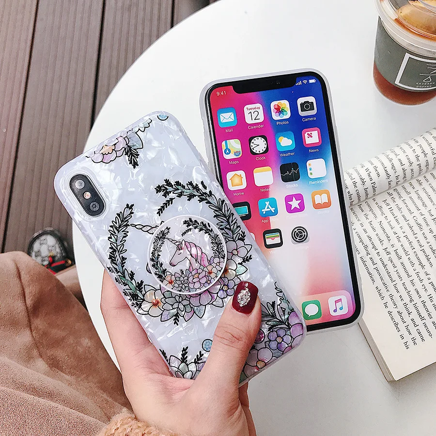 Lovely Unicorn Flower Case For iPhone X XR Max 7 6 6S 8 Plus Soft Cartoon Cute Bracket Colorful Floral Phone Cases Cover | Мобильные