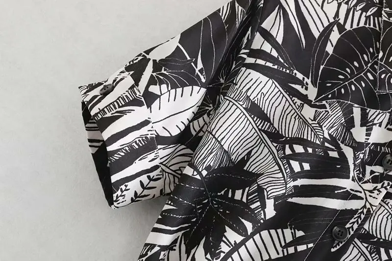 2019 Женская винтажная печать листьев Платье рубашка элегантное с короткими