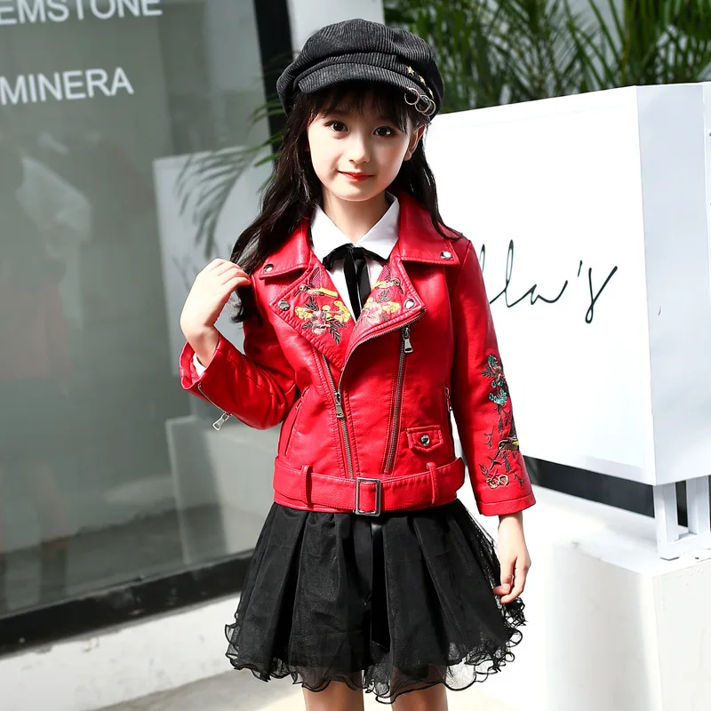 Детская куртка из ПУ кожи на молнии с вышивкой|girls outwear|fashion outwearchildren's leather coat |