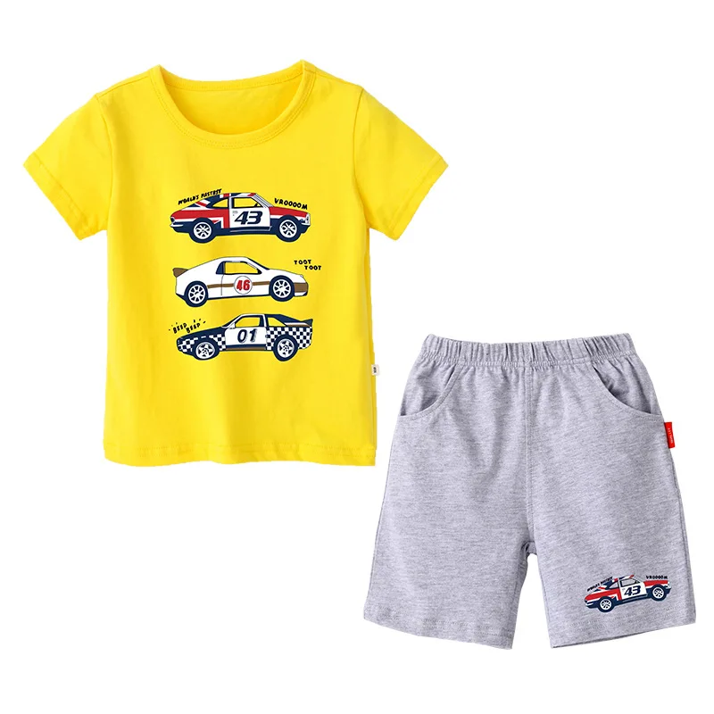 Summer New Kids Clothes Boys Cartoon Car Tops Short Sleeve T-shirt With Casual Shorts Tracksuit 2pcs Outfits Set |
