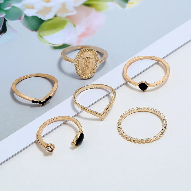 6 шт./компл. Европейский тисненый штамп кольцо капля черный кристалл золотой шарм