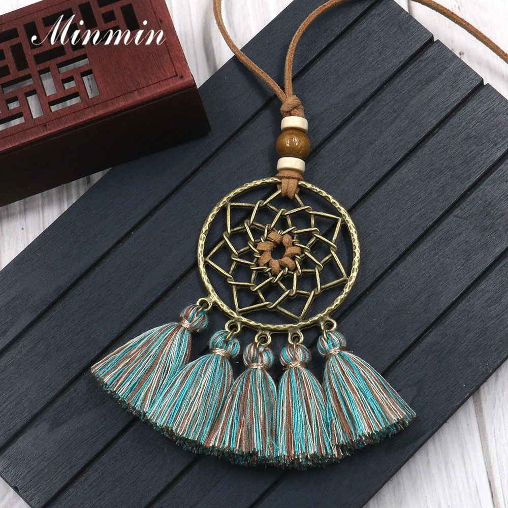 Minmin Indian Ethnic Big Dreamcatcher Pendant Long Leather Rope Necklaces Women Bohemian Tassel Fashion Jewelry MXL159 | Украшения и