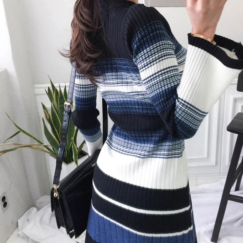 

Striped Woman Knitted Mid Dress Full Flare Sleeve Female Casual A-line Dresses Slim Woman Midi Dress for Woman Autumn New Dress
