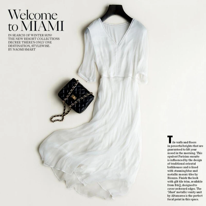 

Women White Shell 00%Silk Silk Dresses V neck Knee length Office Fall Sash Midi Dress Vestidos