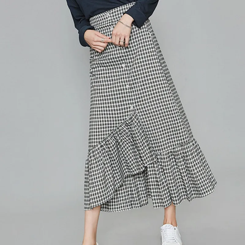 EXOTAO Button Front Асимметричная рюшами Длинные клетчатая юбка для Для женщин сезон: