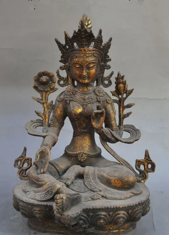 Старая тибетская медная позолоченная Джосс Зеленая Тара Кван-Инь Гуань Инь