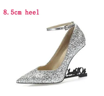Prova Perfetto bling sequines; женские туфли-лодочки с острым носком в необычном стиле; обувь на высоком каблуке с ремешком на щиколотке; женские Вечерние и свадебные туфли - Цвет: silver 8.5cm heel