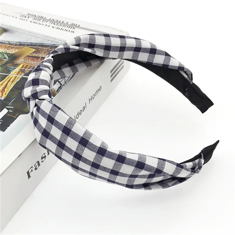 Plaid Navy Blue Дикое повязка на голову макияж Для женщин повязки на голову, повязка на голову и сердечком и повязка на голову для девочек узлом повязки на голову; тюрбан, повязки для волос, аксессуары для волос - Цвет: Plaid Navy Blue