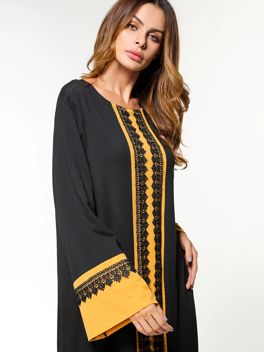 Мусульманское Абаи Для женщин макси платье Кружево хлопок с длинными рукавами в