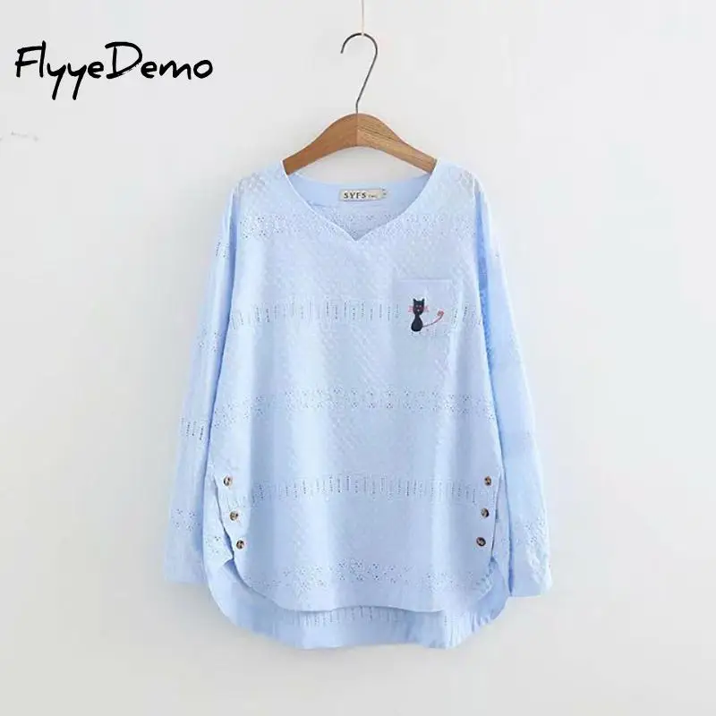 4XL 6 Colors Autumn New Lace Blouses Cat Embroidery Hollow Out Casual Ladies Fashion Shirts White Pink Loose Tops Plus Size | Женская