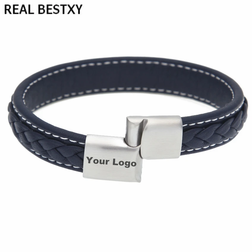 mattsilver blue logo Настоящий BESTXY Пользовательский логотип плетеный кожаный браслет для мужчин и женщин магнитный браслет со стальными элементами мужские браслеты ювелирные изделия - Окраска металла: mattsilver blue logo
