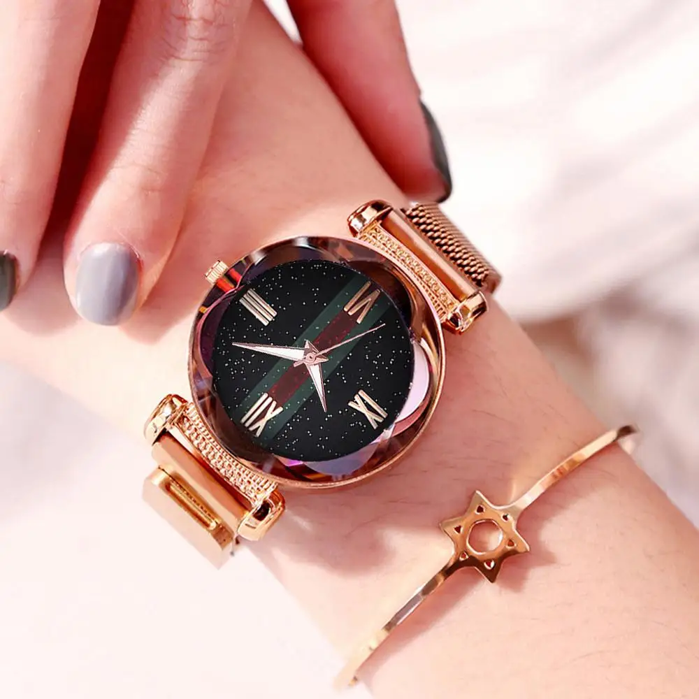 Luxury Rose Gold Watch Women Flower Surface Wrist Watches Fashion Starry Sky Magnetic Designer Ladies Quartz Clock Gift | Наручные часы