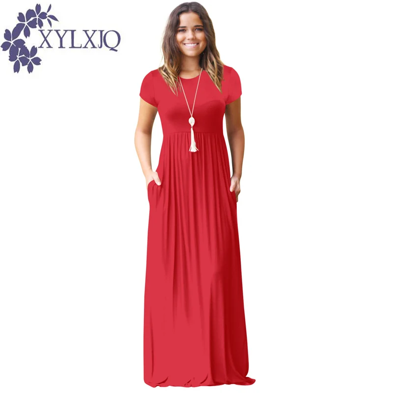 XYLXJQ Summer Long Maxi Dress New Short Sleeve Solid Casual Women Dresses XXL Plus Size 2XL Pockets Robe Femme Vistidos JB127 | Женская