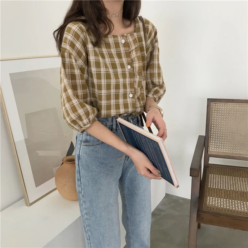 Square Collar Wooden Plaid Shirt Women's Shirts Harajuku Ulzzang Student Lady Kawaii Chic shirt For Women Casual |