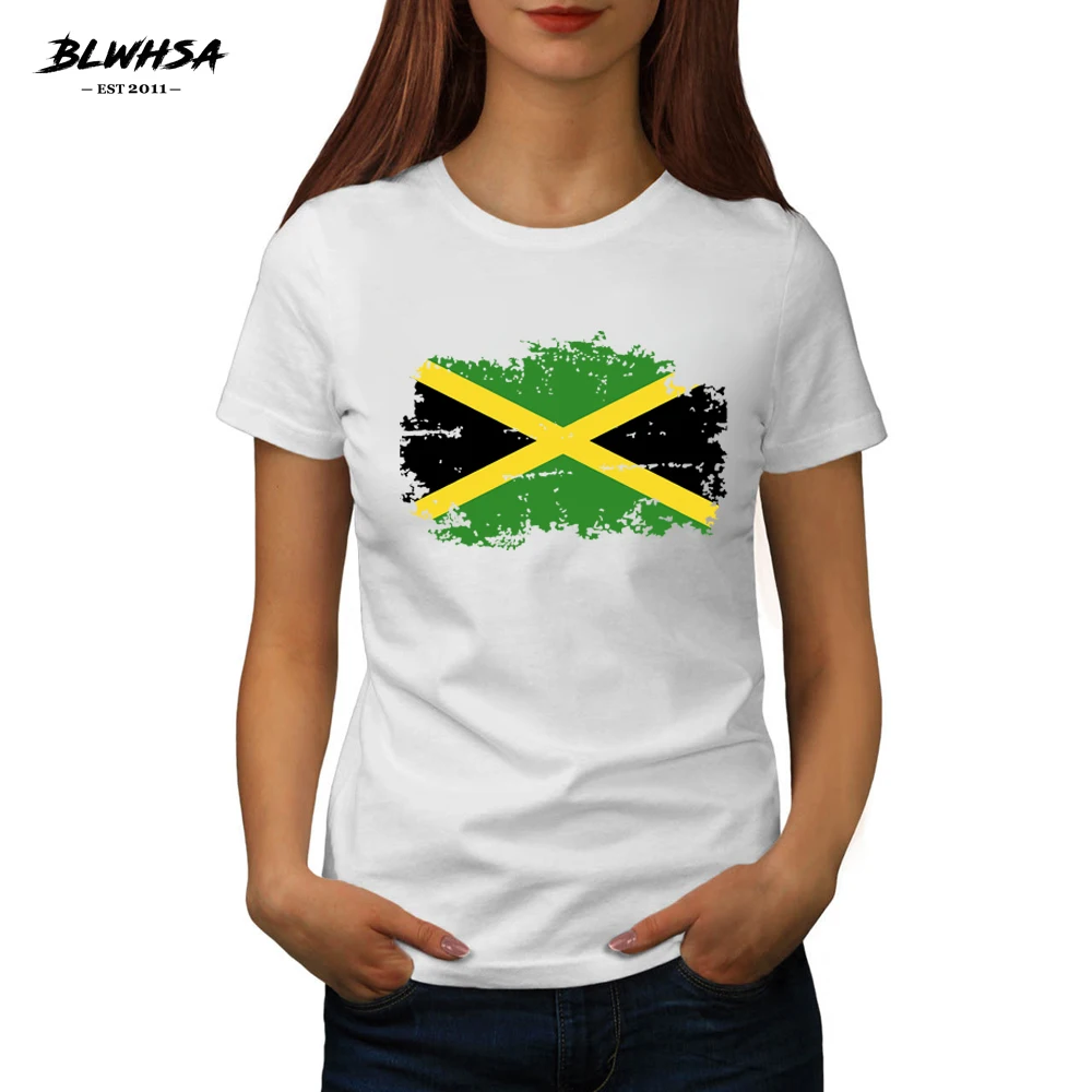 

BLWHSA New Jamaica Flag Printing T shirt Women Casual Student Short sleeve Funny T-shirts Jamaica National Flag Female Tees