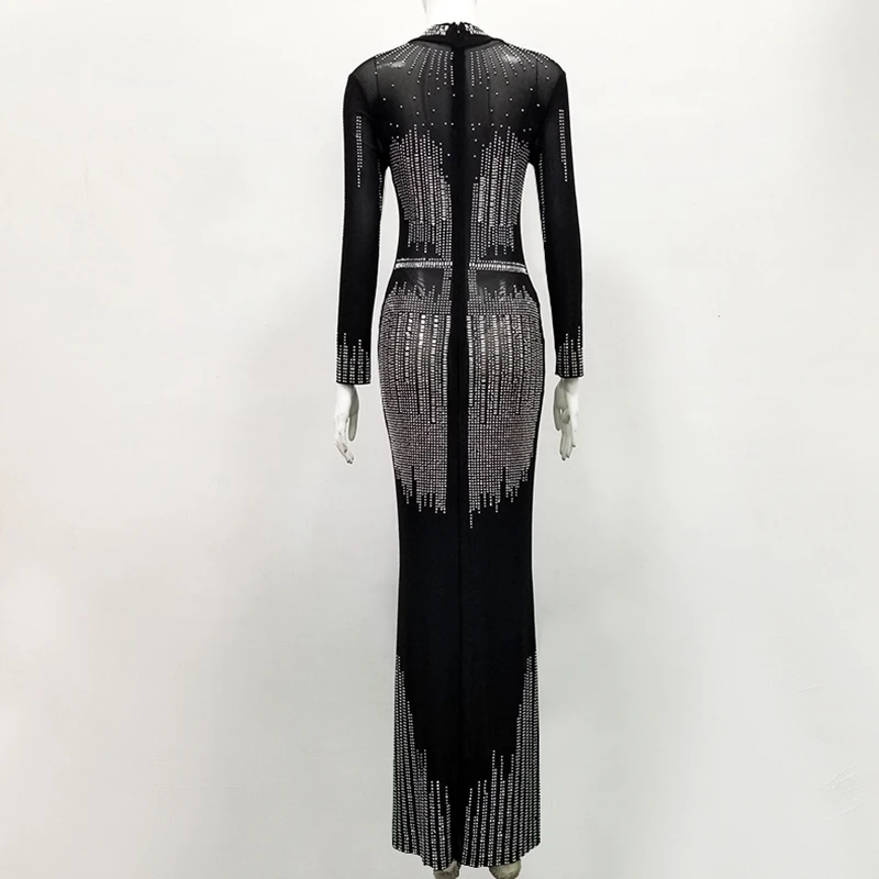 

2019 Elegant Black Beading Mesh Long Maxi Fashion Dress Sexy Diamond Long Sleeve Vestidos Evening Celebrity Party Wholesale