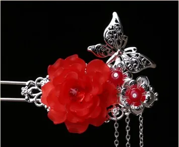 Red Color 1 шт., модная винтажная Серебряная заколка с бабочками и цветами, головной убор ручной работы для женщин, свадебные украшения, китайский стиль, заколка для волос, подарок - Окраска металла: Red Color