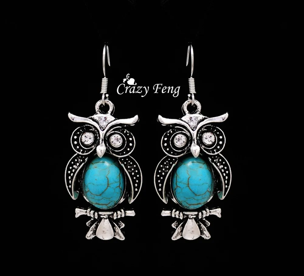 Сова Ювелирные Наборы Тибетский серебристый цвет ретро камень кулон ожерелье