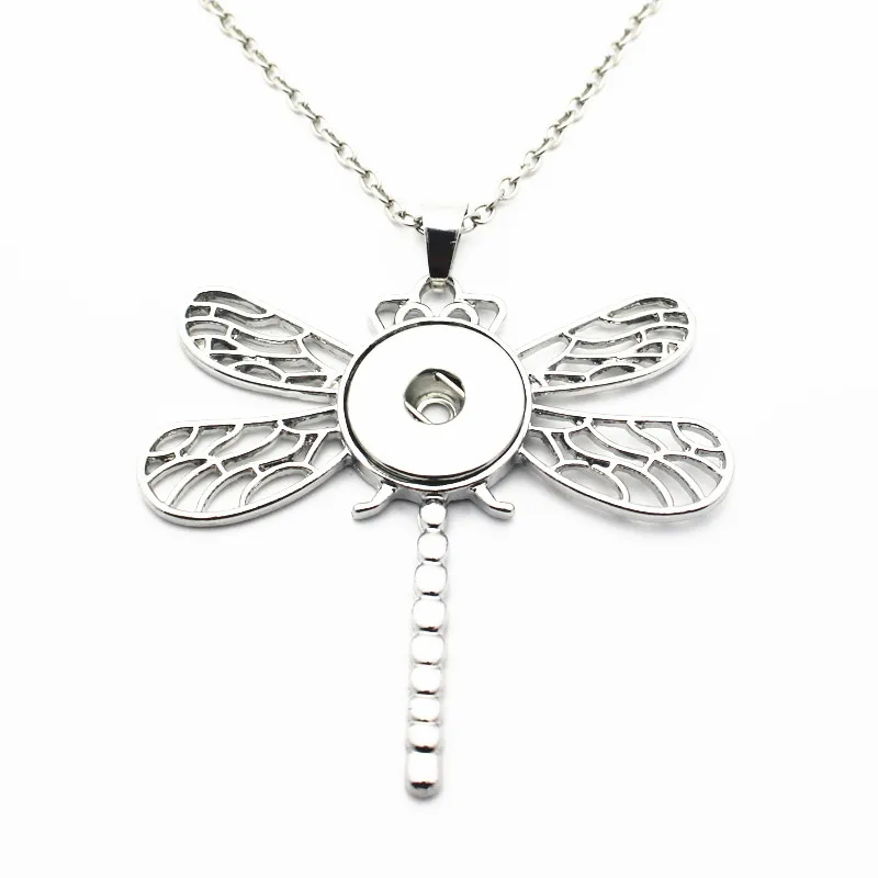 

Wholesale 5pcs/lot Metal Silver Dragonfly Pendant Snap Necklace With 20 Inch Chain Fit DIY 18mm/20mm Snap Button Jewelry