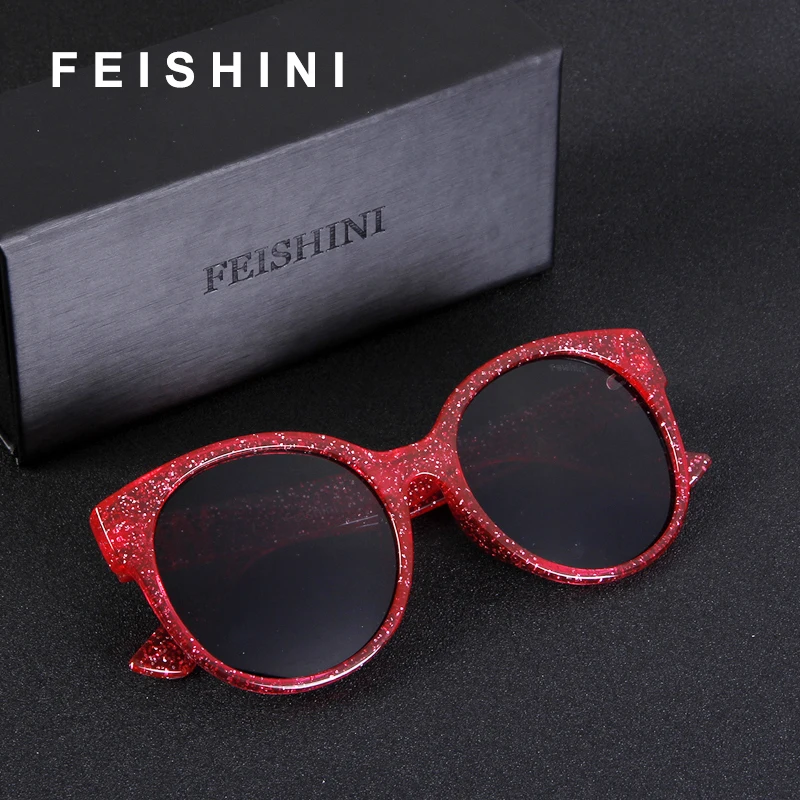 Женские праздничные красные солнцезащитные очки кошачий глаз FEISHINI с блестящей