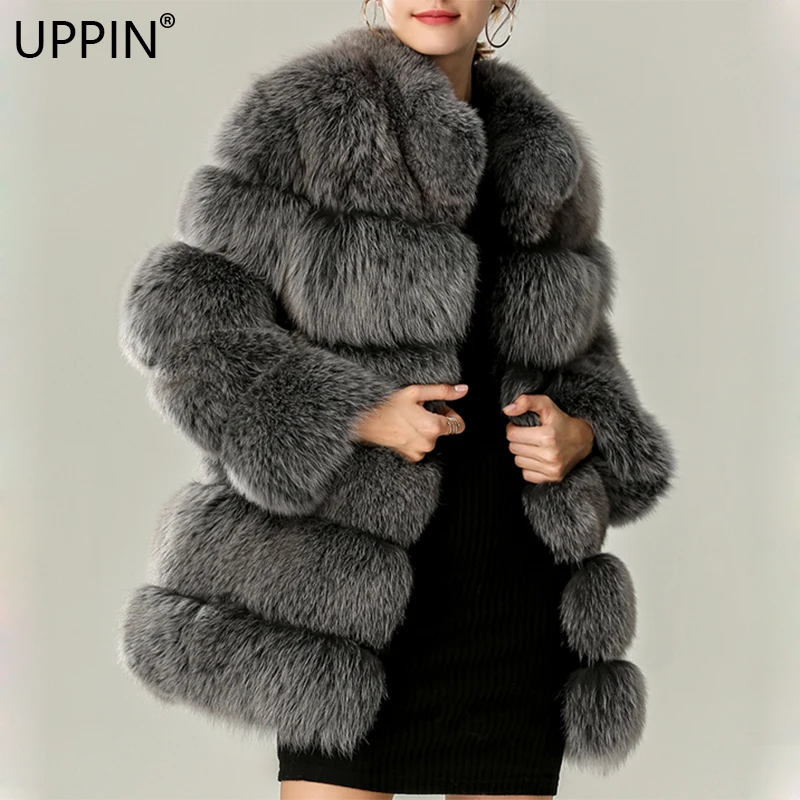 UPPIN шуба меховые пальто классический Silver Fox искусственного меха Пальто Длинные зимние плотные теплые Для женщин куртка элегантный стенд воротник с длинными рукавами Повседневная куртка пальто дубленка женская