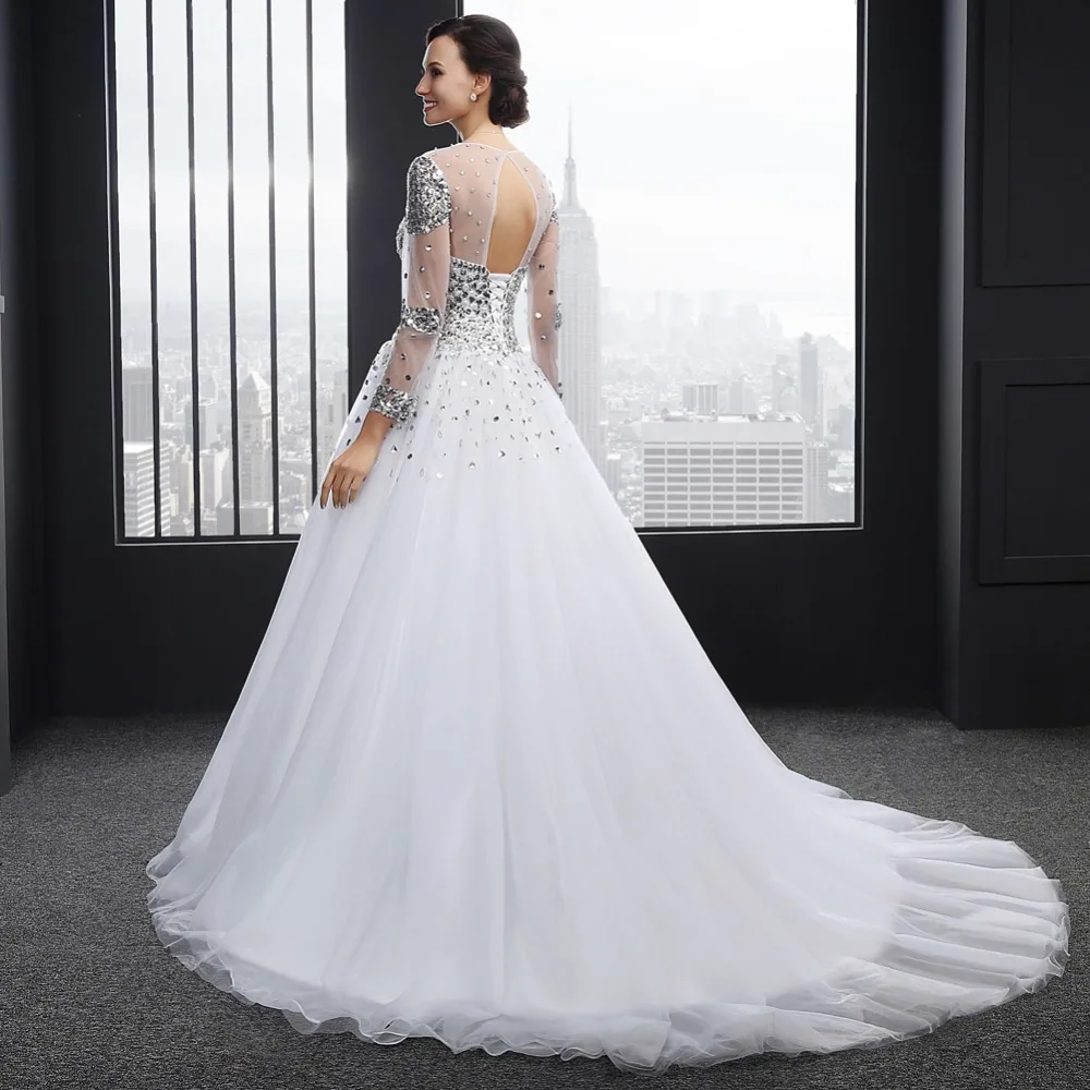 Белый узелок платье-линии развертки поезд кристалл раскаты тюль Vestido де Noiva с