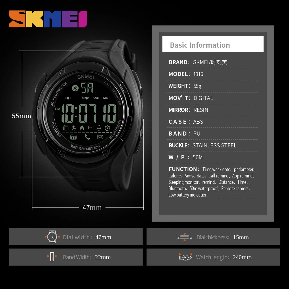 SKMEI Bluetooth Smart часы Шагомер калорий Открытый Спортивные Для мужчин модные Наручные