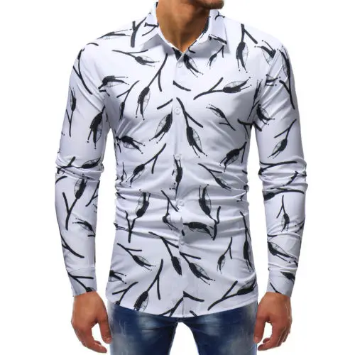 Модные мужские Slim Fit Футболка с цветочным принтом Повседневное с длинным рукавом Мужская классическая рубашка роскошные Топы - Цвет: D