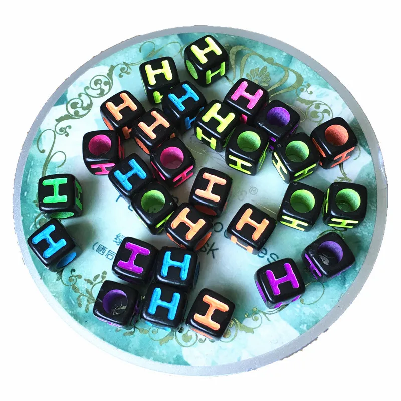 

7*7MM Cube Acrylic Letter Beads 1900PCs Mixed Neon Colors Single Initial H Printing Square Plastic Alphabet Jewelry Spacer Beads