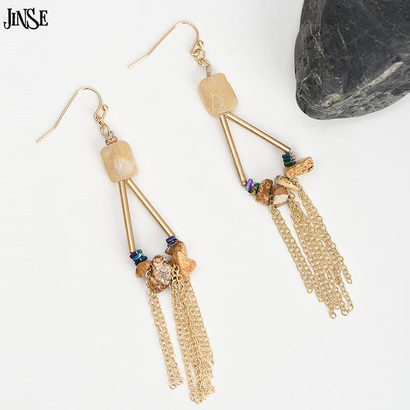 

JINSE Women Fashion chain tassel pendant Earrings Natural stone pendant earrings Retro craft Gift jewelry JHX066