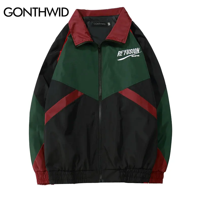 GONTHWID Винтаж цвет блок лоскутное вышивка Полный Zip Up Ветровка Куртки 2018