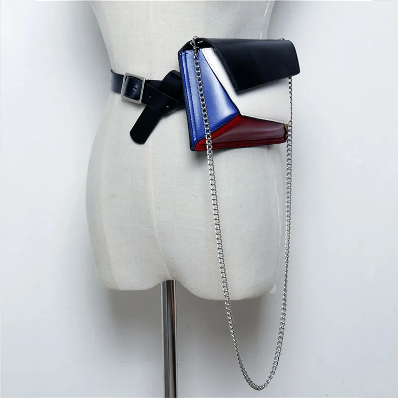 Women Colorful Pattern Waist pack Chain Belt High Quality PU Leather Coin Purse Patchwork Crossbody Bag | Аксессуары для одежды