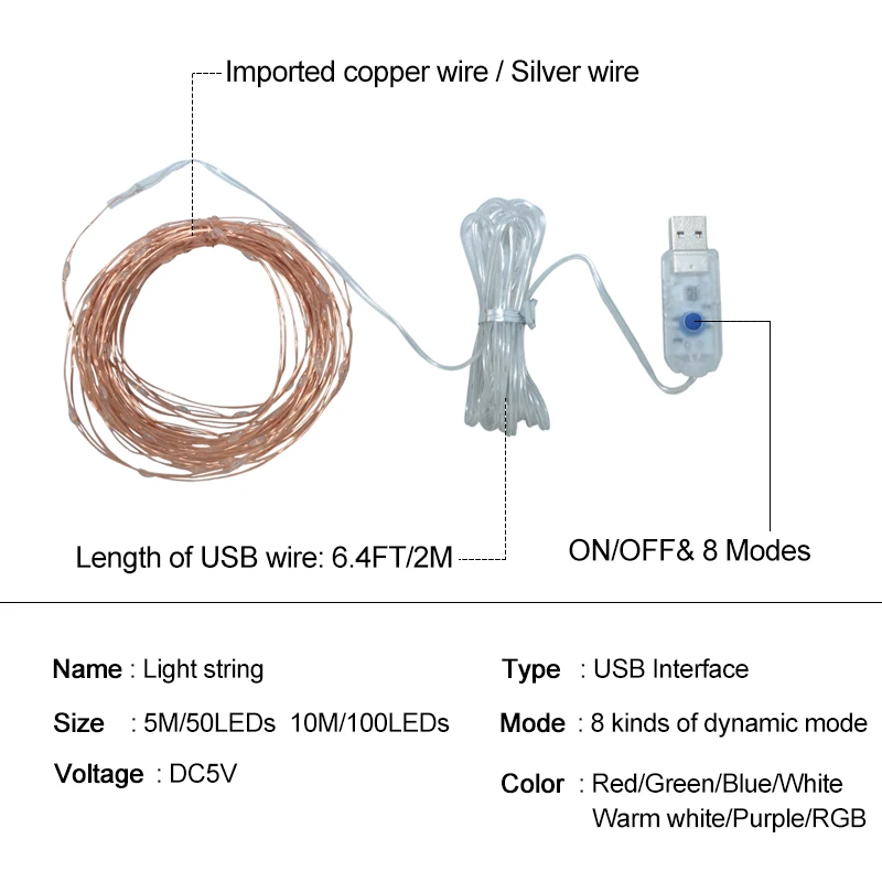 СВЕТОДИОДНАЯ Гирлянда RGB с USB зарядкой 5 В 8 режимов|Светодиодная лента| |