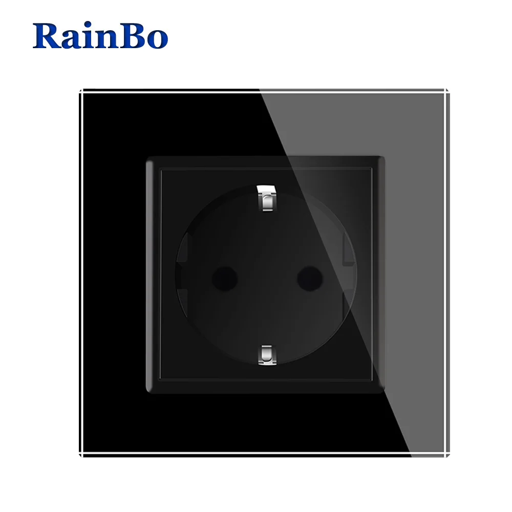 Rainbo ЕС розетки Стандартный Мощность Разъем Черный Кристалл Стекло Панель AC 110 ~ 250
