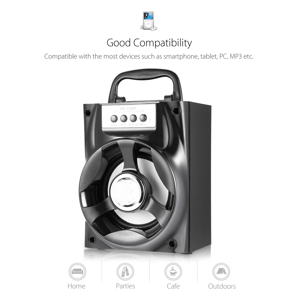 Excelvan MS-226BT портативный Bluetooth динамик светодиодный подсветка Поддержка TF карты воспроизведения FM радио регулятор громкости