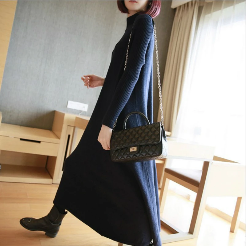 

Loose Winter Sweater Christmas Dress Women Turtleneck Basic Wear Casual Black Dress Women Long Sleeve Vintage Knitted Dress Long