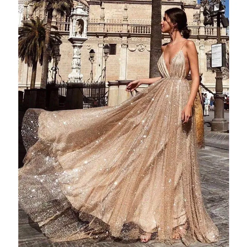 Сексуальные блестящие Длинные Выпускные платья с v образным вырезом простые на бретельках открытой спиной и