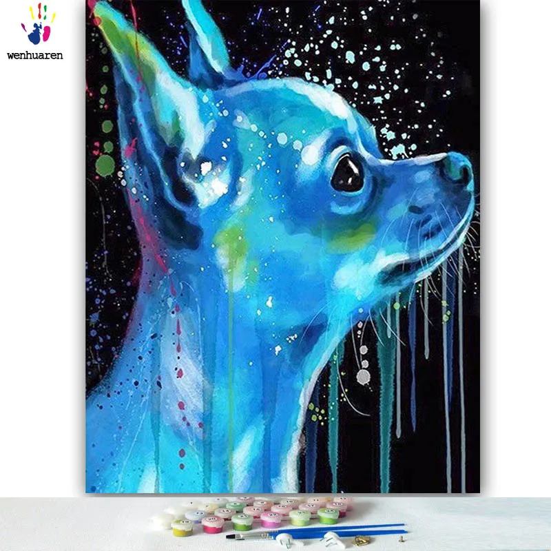 DIY цветные картинки по номерам с цветами синий Рисунок собаки Рисование Живопись по номерам Обрамленный дом - Цвет: 100427