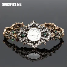 SUNSPICE-MS, винтажные часы с браслетом-манжетой и кристаллами, женские часы, античное золото, кварцевые часы, цифровые, Relogio Feminino, свадебный подарок