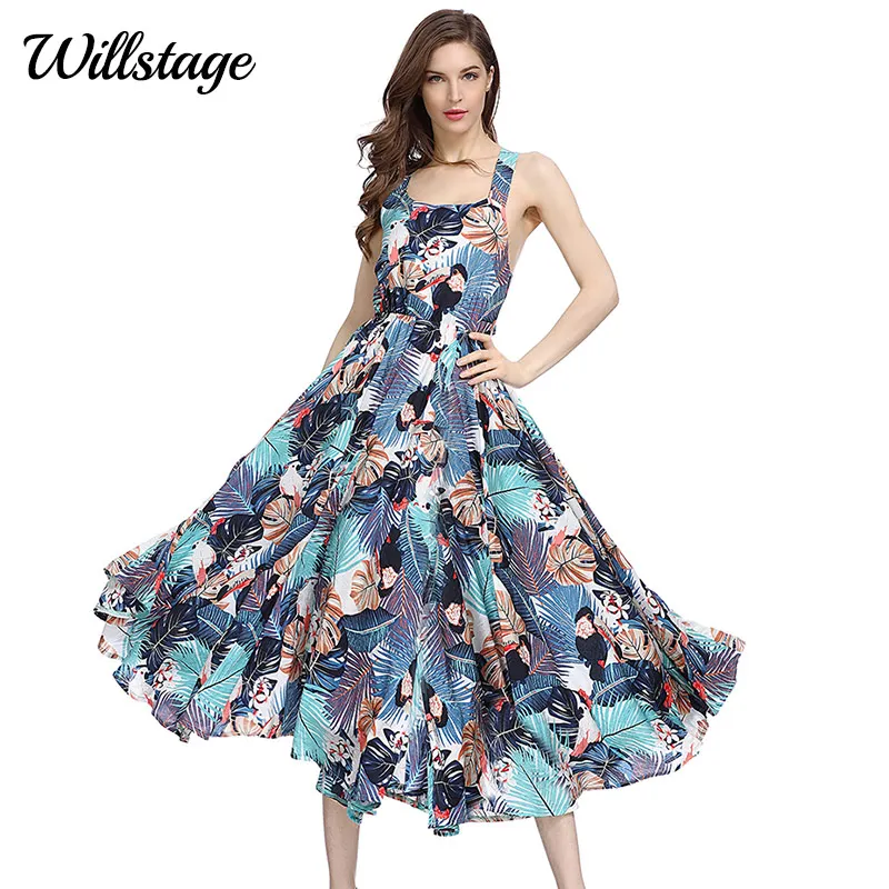 Willstage 2018 летняя с цветочным принтом богемное сексуальное платье для женщин синий