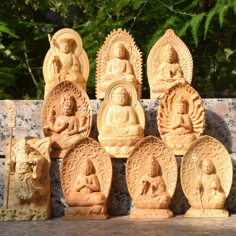 

Boxwood Car Ornaments Carved Statues Carry Gifts Sama Trinity Buddha Guanyin Bodhisattva Ksitigarbha Home Putting Decorations