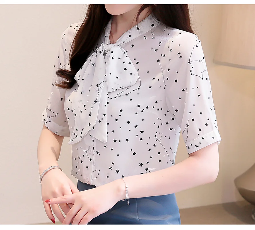 

plus size blusas mujer de moda bow summer Women's Clothing chiffon short sleeve shirts womens tops and blouses thin tops new