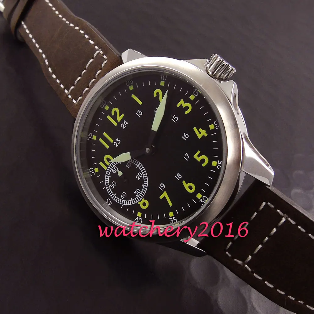 Brushed 45mm Parnis black dial yellow numbers Newest Stainless steel case 17 jewels 6497 hand winding movement Men's Watch | Наручные