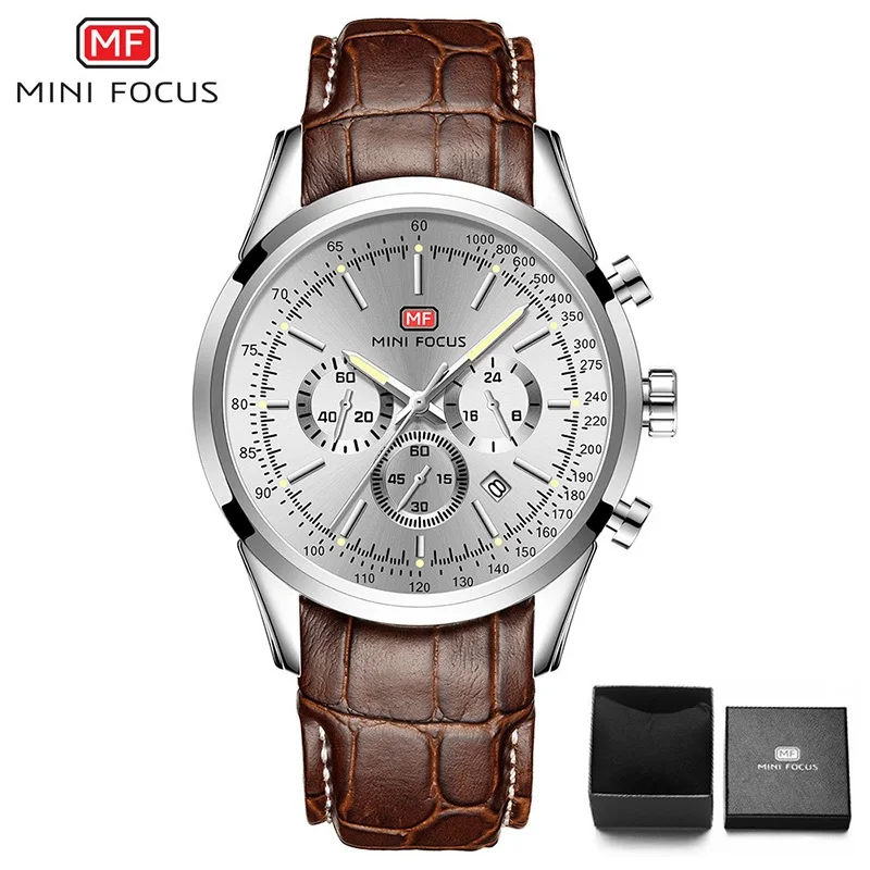 Brown Silver MINIFOCUS повседневные спортивные часы для мужчин Топ бренд класса люкс кожаный ремешок наручные часы Мужские часы модные хронограф кварцевые часы - Цвет: Brown Silver