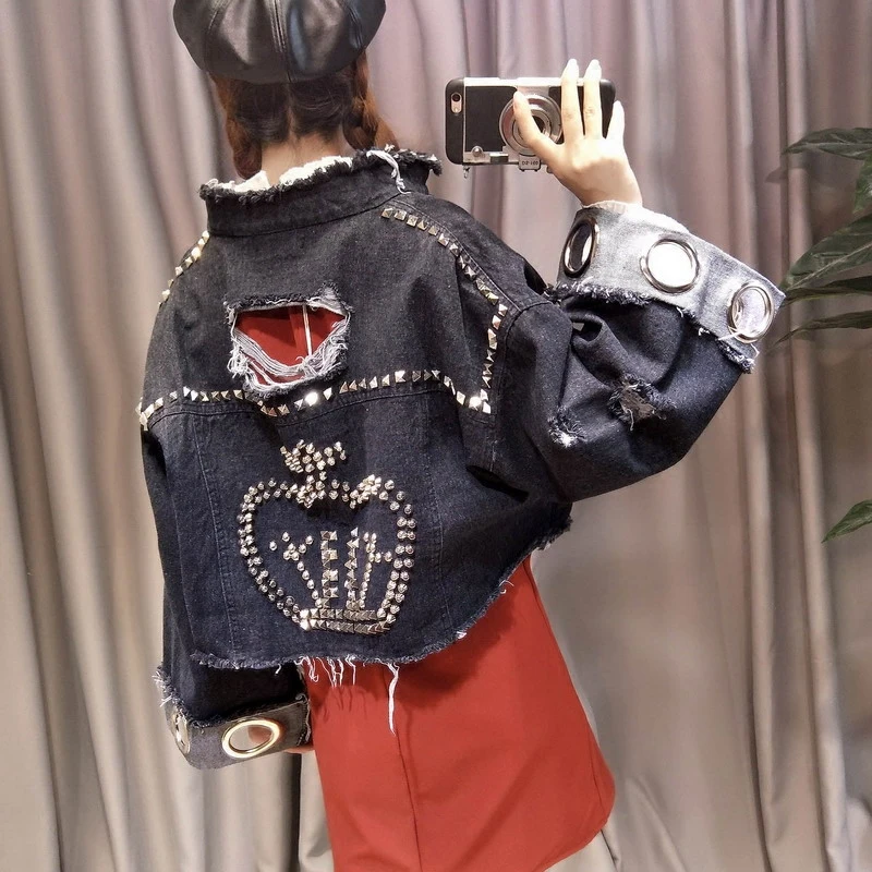 Ручной работы Бисер куртка рипы деталь Boyfriend Denim Куртка хип хоп Harajuku джинсовая