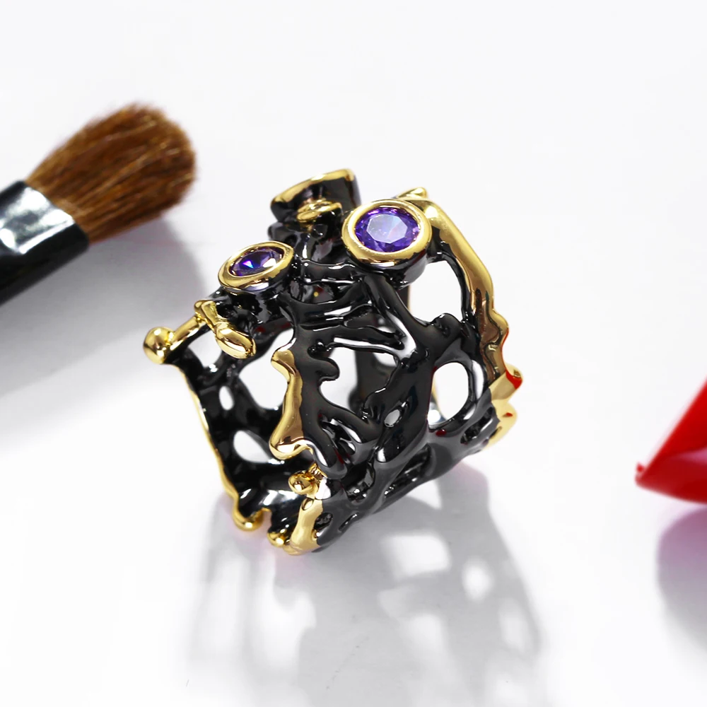 Женское кольцо с кристаллом AAA черное коктейльное фианитом красного и